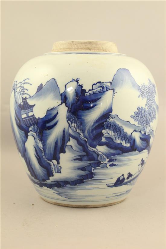 A Chinese blue and white ovoid jar, in Kangxi style, 23cm